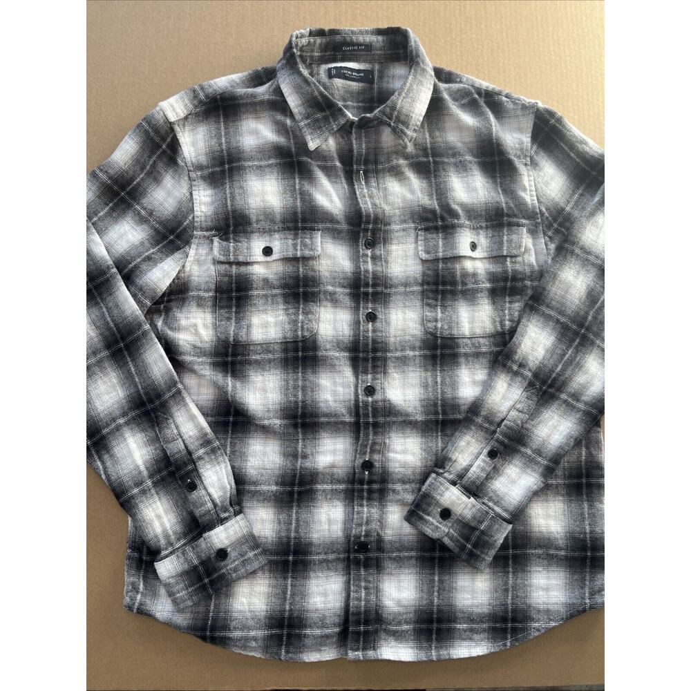 Lucky Brand Men’s Button Up Flannel Shirt Sz L Classic Fit Gray Plaid
